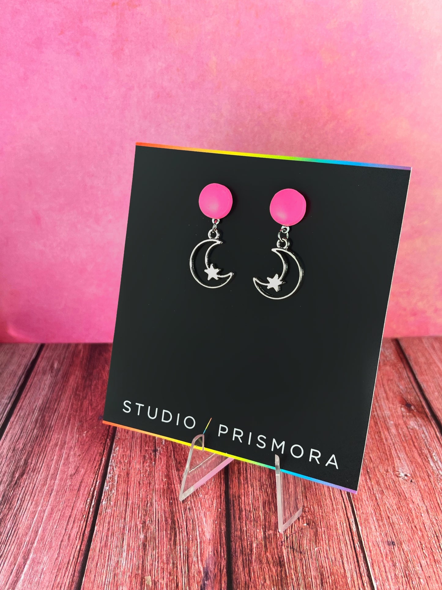 Pink Stud and Moon Earrings