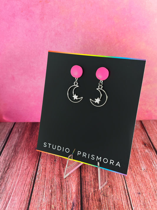 Pink Stud and Moon Earrings