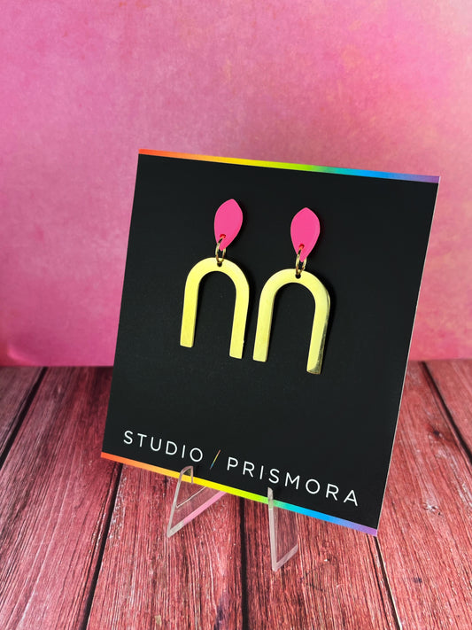 Pink Stud and Gold Arch Earrings